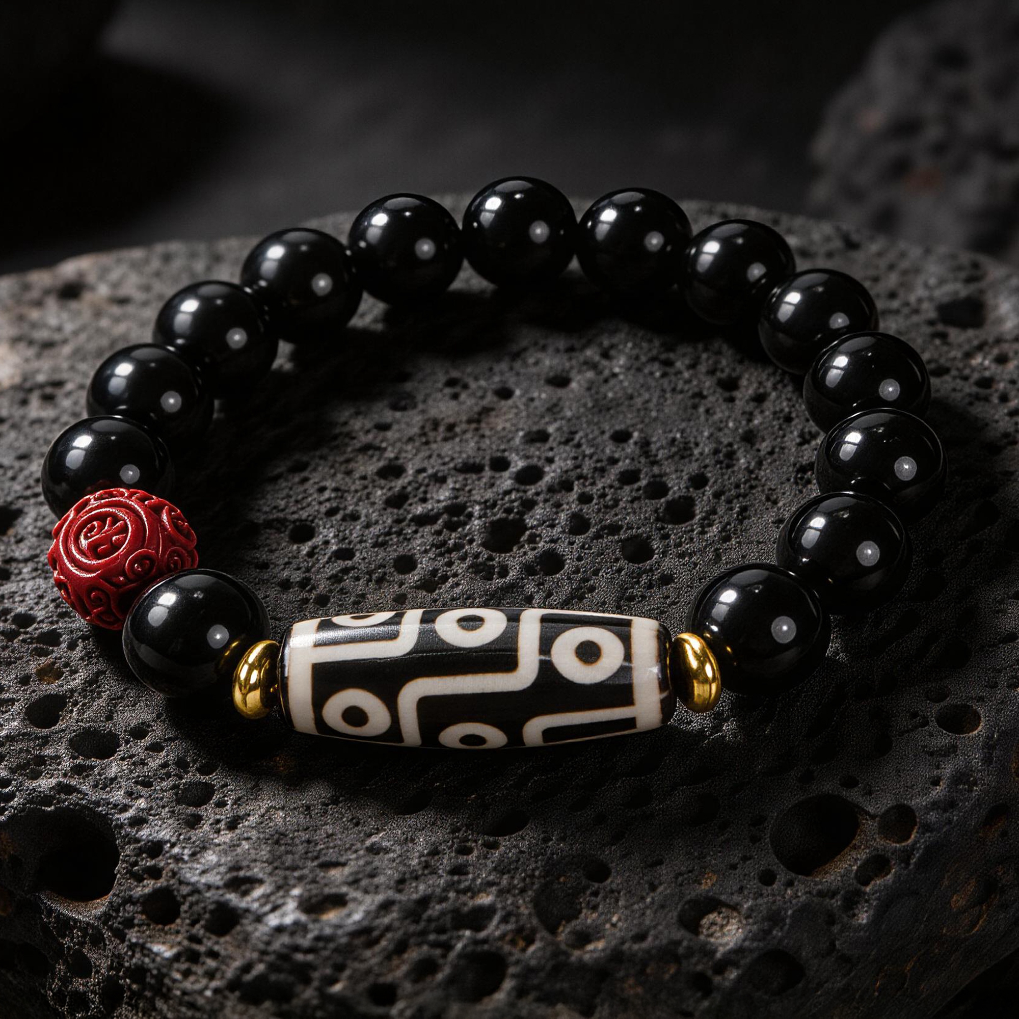 Obsidian Nine-Eyed Dzi Bead Agate Bracelet