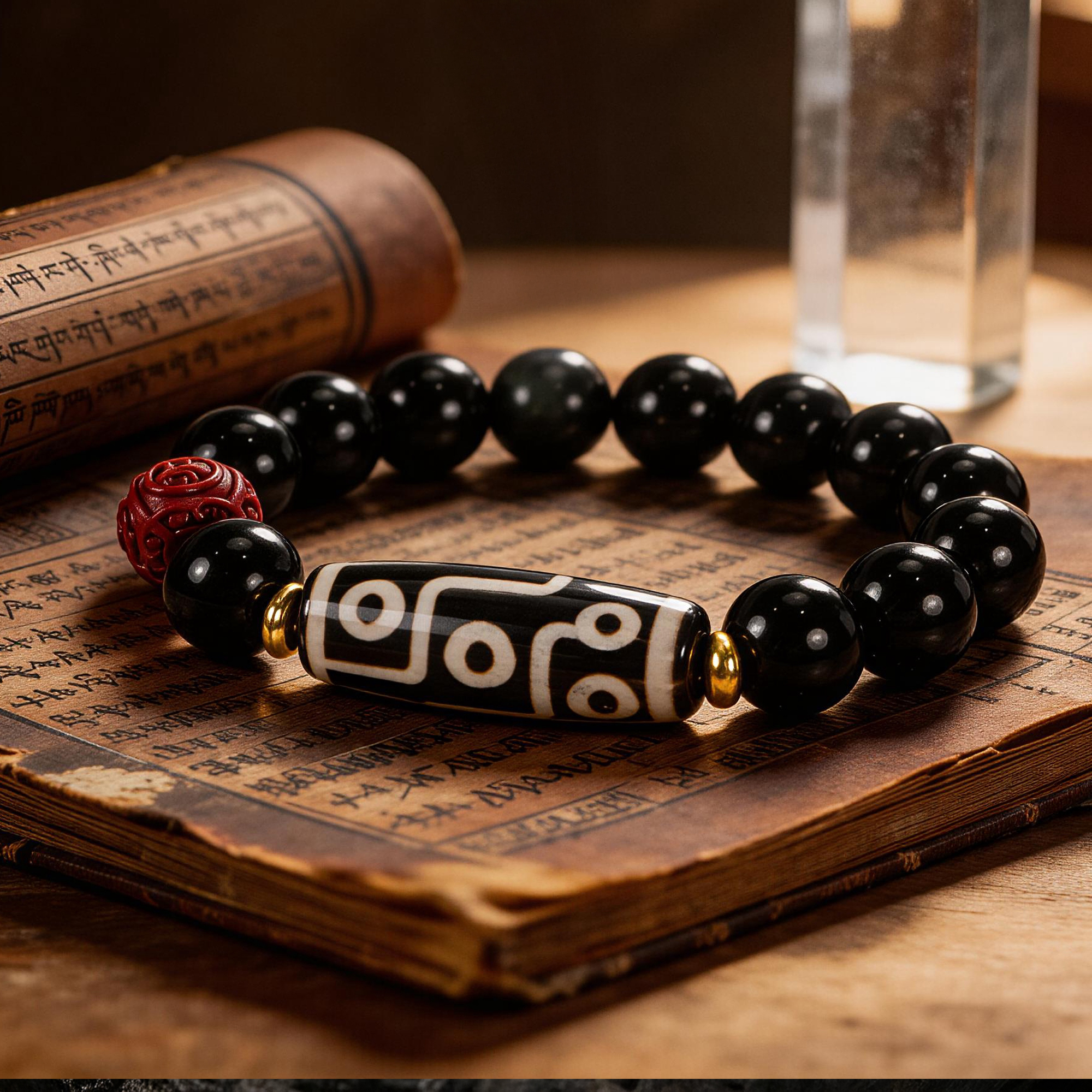 Obsidian Nine-Eyed Dzi Bead Agate Bracelet