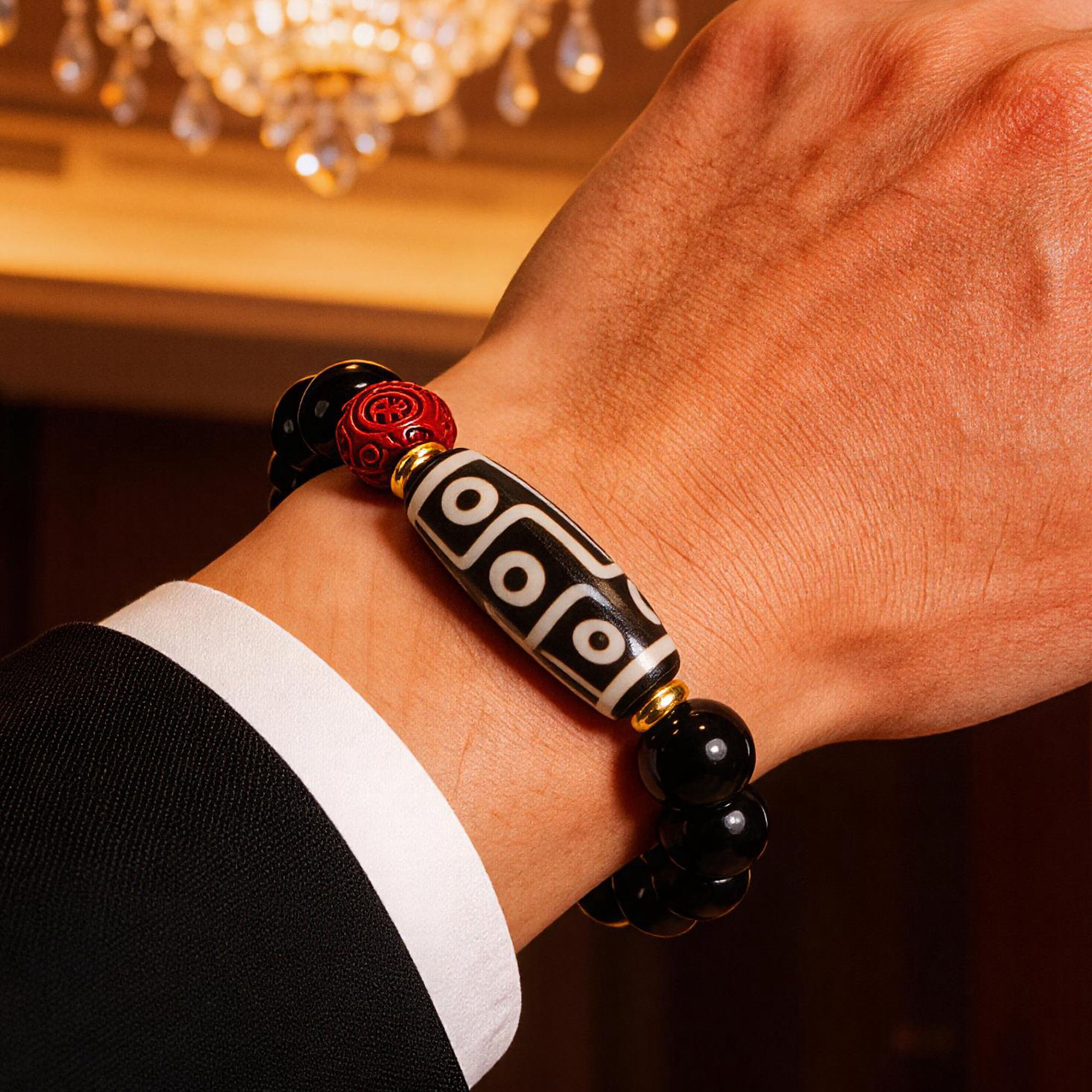 Obsidian Nine-Eyed Dzi Bead Agate Bracelet
