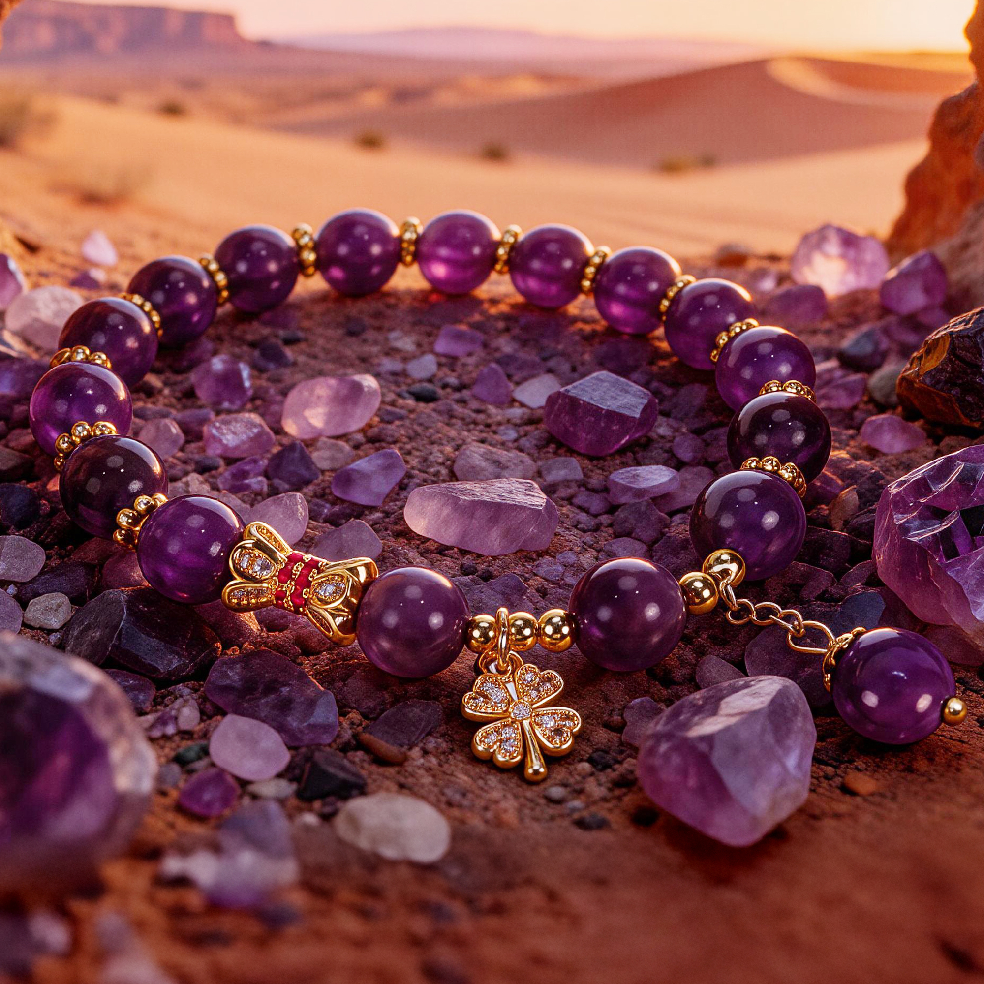 Amethyst Four Leaf Clover Tassel Bracelet 8mm