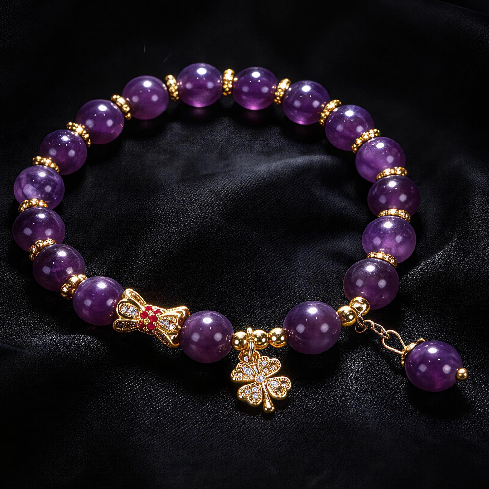 Amethyst Four Leaf Clover Tassel Bracelet 8mm