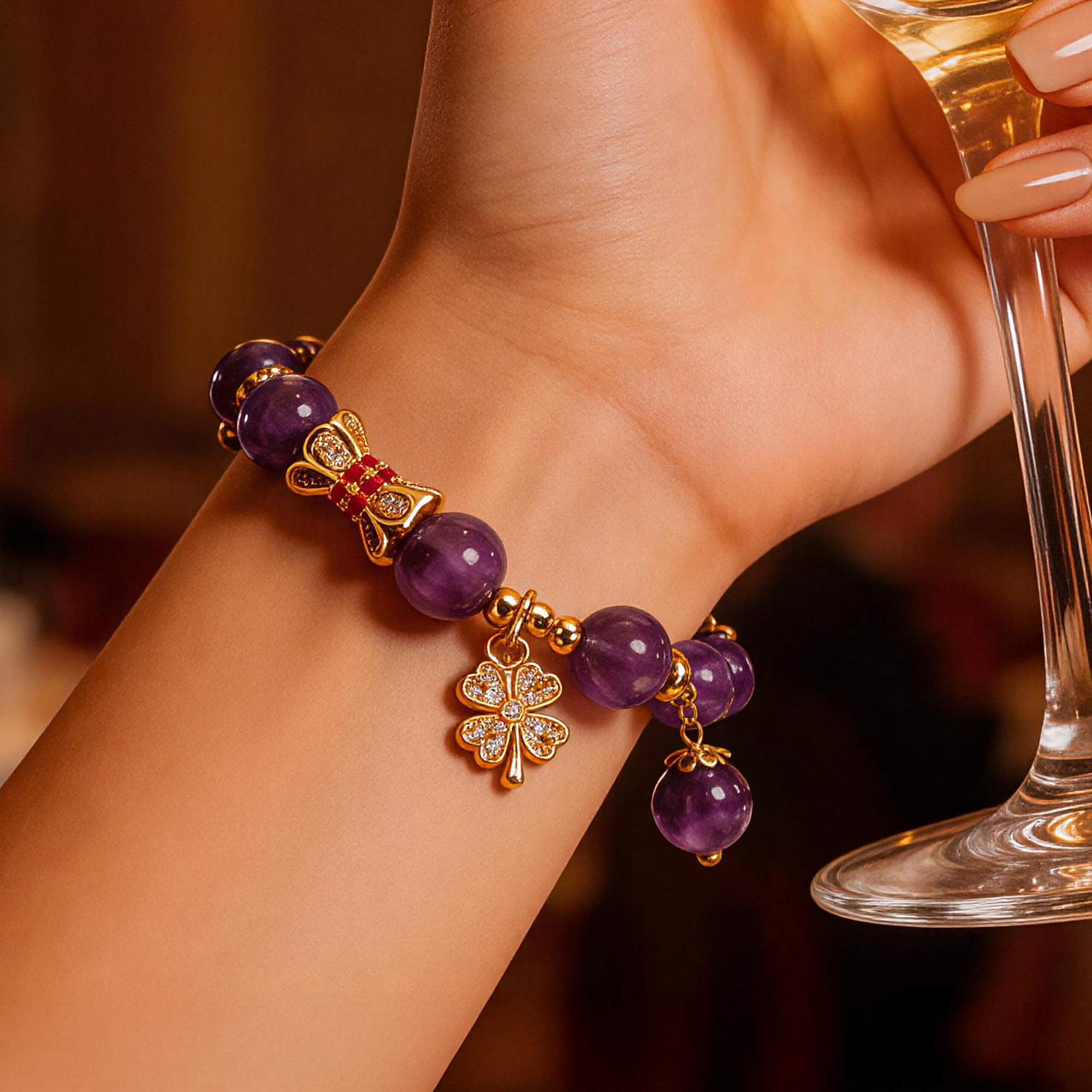 Amethyst Four Leaf Clover Tassel Bracelet 8mm