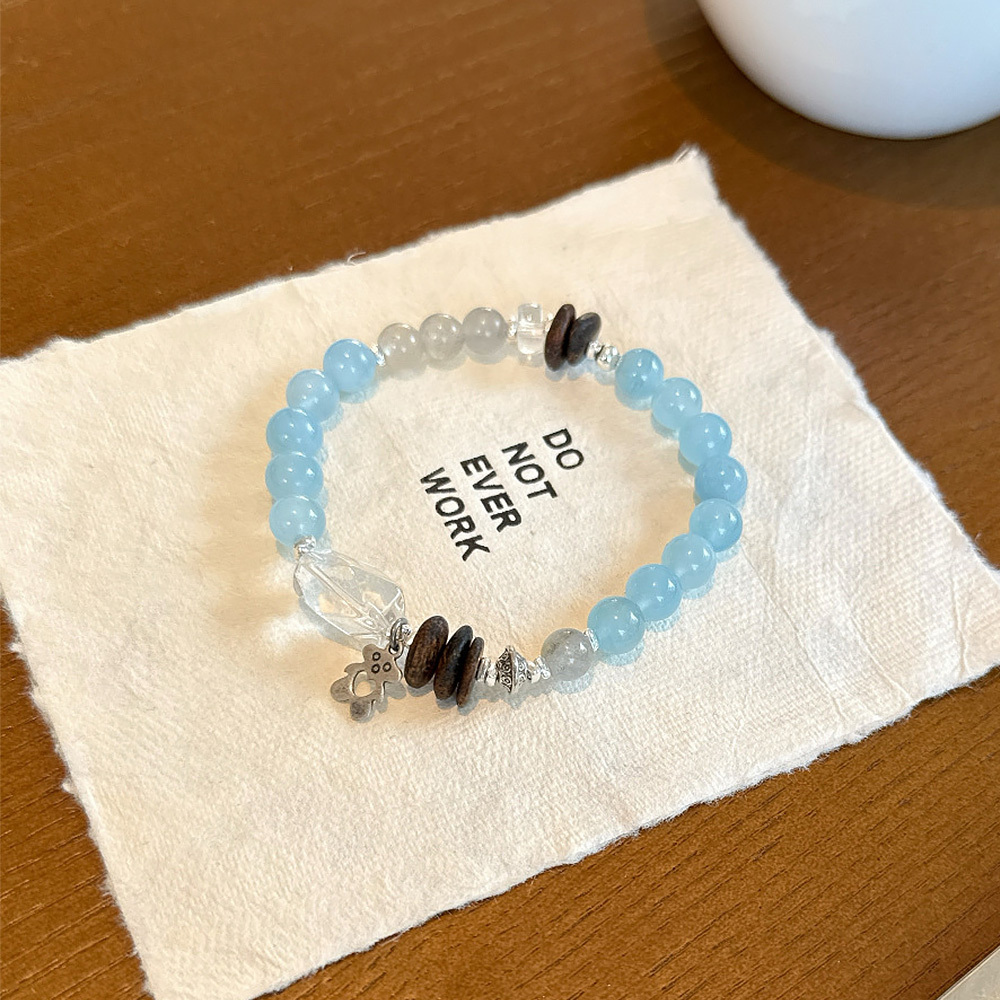 8mm Natural Aquamarine Healing Bracelet  Clear Quartz Moonstone Bear Charm Worry Relief Crystal Bracelet