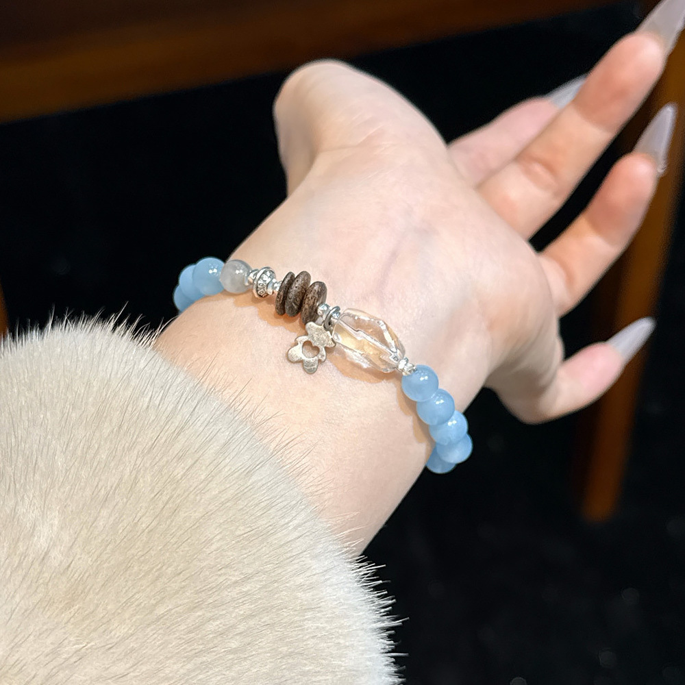 8mm Natural Aquamarine Healing Bracelet  Clear Quartz Moonstone Bear Charm Worry Relief Crystal Bracelet