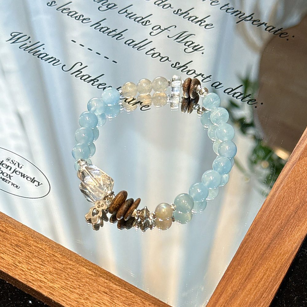 8mm Natural Aquamarine Healing Bracelet  Clear Quartz Moonstone Bear Charm Worry Relief Crystal Bracelet
