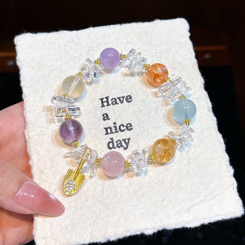 11mm Natural Multi Crystal Bracelet Gold Shovel Charm Wealth Luck Bracelet Amethyst Rose Quartz Aquamarine Healing Jewelry