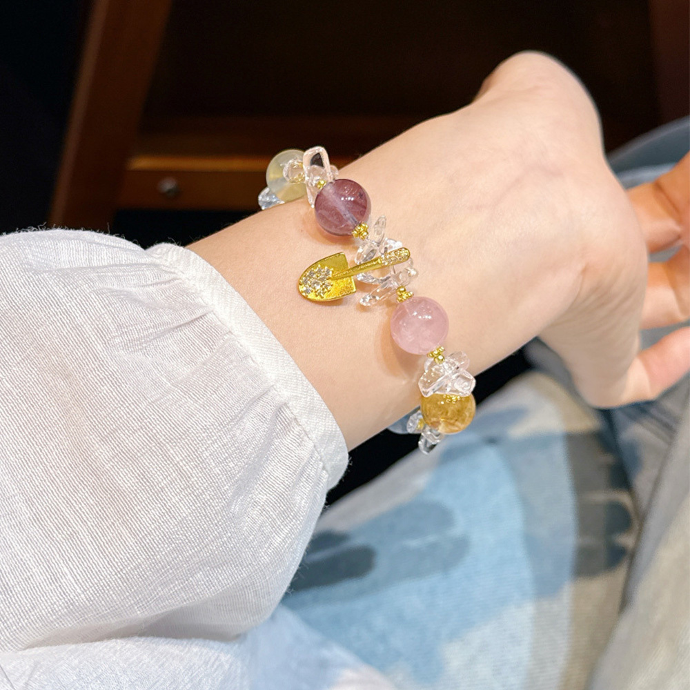 11mm Natural Multi Crystal Bracelet Gold Shovel Charm Wealth Luck Bracelet Amethyst Rose Quartz Aquamarine Healing Jewelry