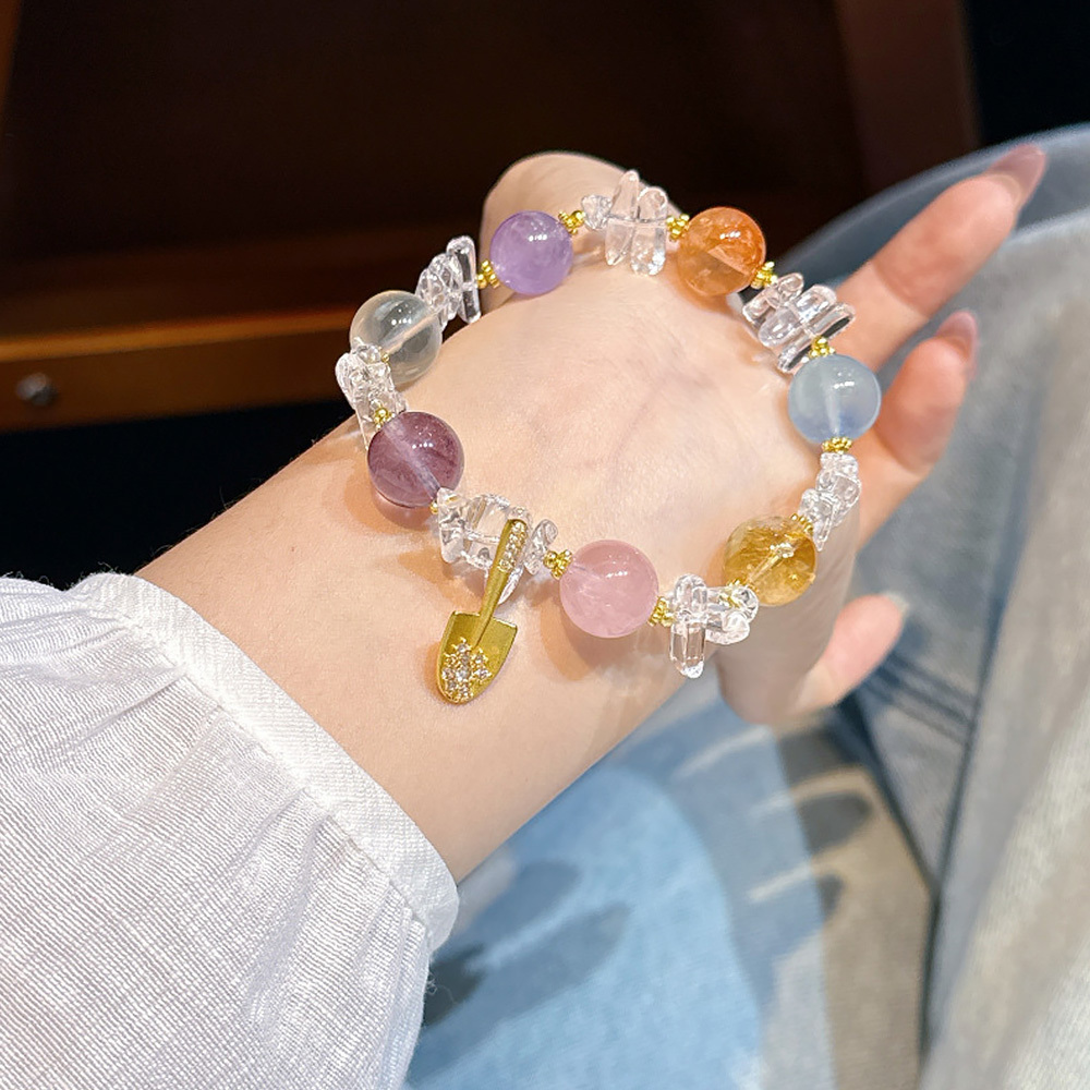 11mm Natural Multi Crystal Bracelet Gold Shovel Charm Wealth Luck Bracelet Amethyst Rose Quartz Aquamarine Healing Jewelry