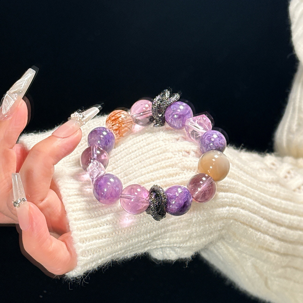 13mm Natural Amethyst Charoite Bracelet Black Gold Super Seven Milky Moonstone Wealth Aura Boost Healing Crystal Bracelet For Women Daily Jewelry