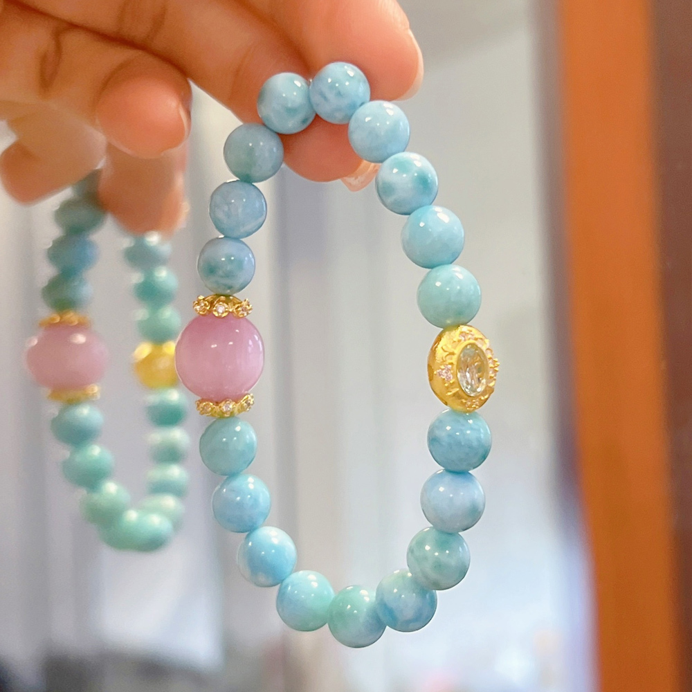 8mm Natural Larimar Kunzite Bracelet Ocean Calming Emotional Healing Communication Luck Crystal Bracelet For Women Stackable Daily Jewelry