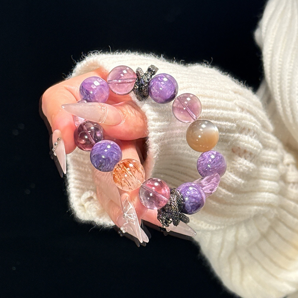 13mm Natural Amethyst Charoite Bracelet Black Gold Super Seven Milky Moonstone Wealth Aura Boost Healing Crystal Bracelet For Women Daily Jewelry