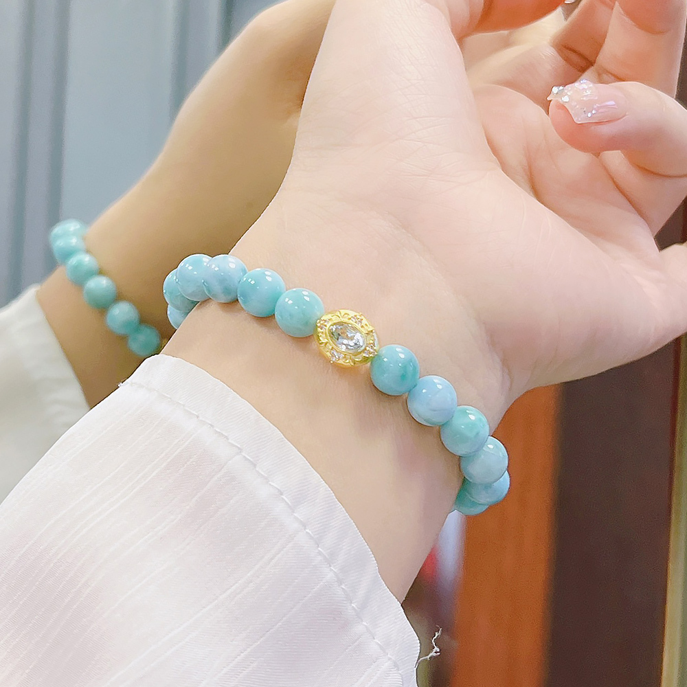 8mm Natural Larimar Kunzite Bracelet Ocean Calming Emotional Healing Communication Luck Crystal Bracelet For Women Stackable Daily Jewelry