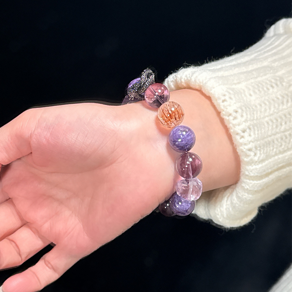 13mm Natural Amethyst Charoite Bracelet Black Gold Super Seven Milky Moonstone Wealth Aura Boost Healing Crystal Bracelet For Women Daily Jewelry