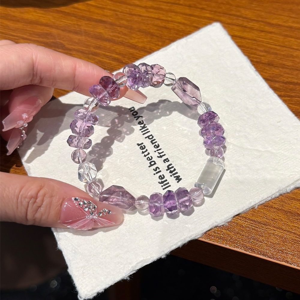 Natural Brazilian Purple Phantom Quartz Bracelet Clear Quartz Cylinder Wealth Wisdom Healing Crystal Bracelet For Women Minimal Luxury Daily Jewelry