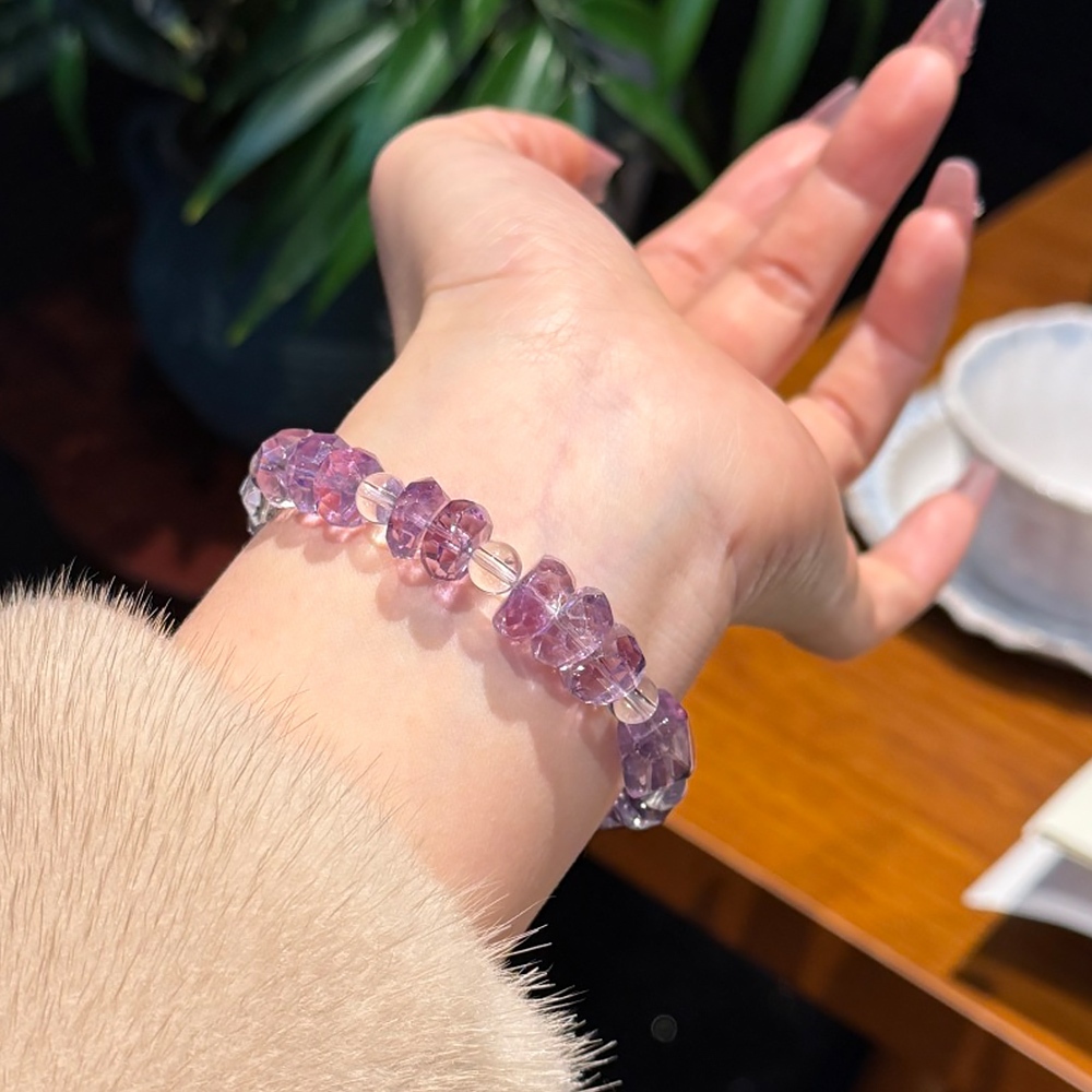 Natural Brazilian Purple Phantom Quartz Bracelet Clear Quartz Cylinder Wealth Wisdom Healing Crystal Bracelet For Women Minimal Luxury Daily Jewelry