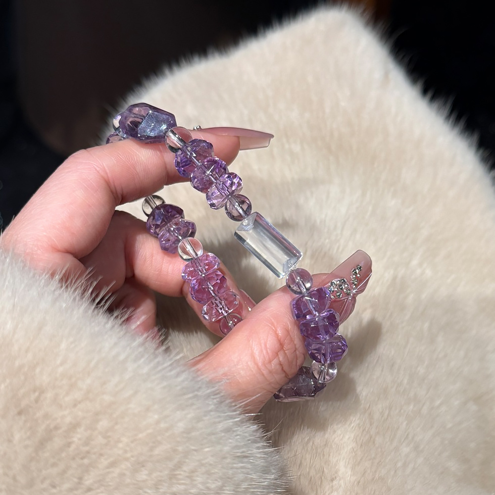 Natural Brazilian Purple Phantom Quartz Bracelet Clear Quartz Cylinder Wealth Wisdom Healing Crystal Bracelet For Women Minimal Luxury Daily Jewelry