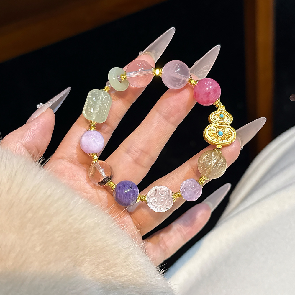 10/12mm Perfect Blessings Multi Crystal Bracelet Gourd Lucky Charm Rhodonite Rose Quartz Kunzite Healing Wealth Bracelet For Women