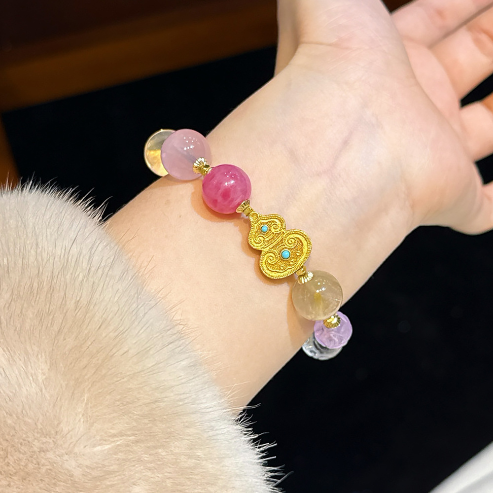 10/12mm Perfect Blessings Multi Crystal Bracelet Gourd Lucky Charm Rhodonite Rose Quartz Kunzite Healing Wealth Bracelet For Women