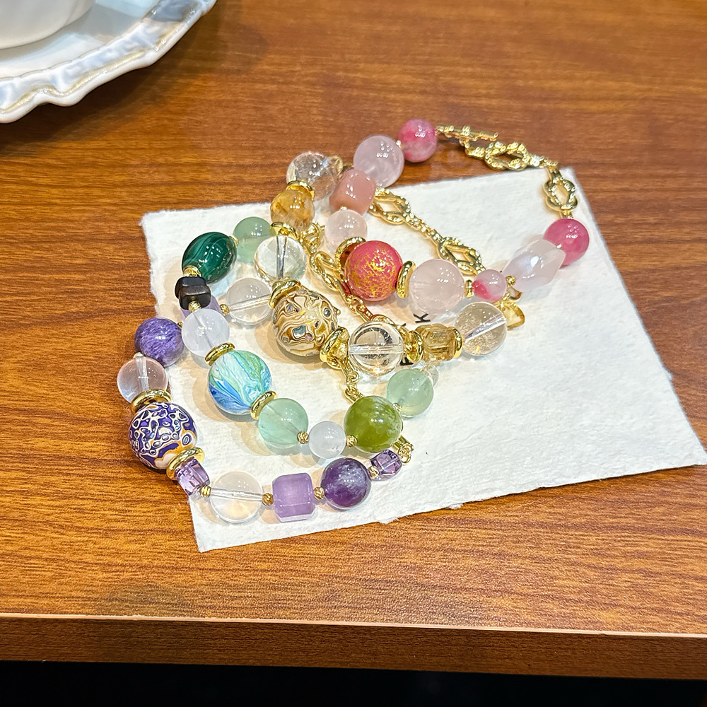 Multi Color China-Chic Crystal Bracelet Hand Painted Chinese Lacquer Bead Rose Quartz Amethyst Healing Lucky Bracelet For Women