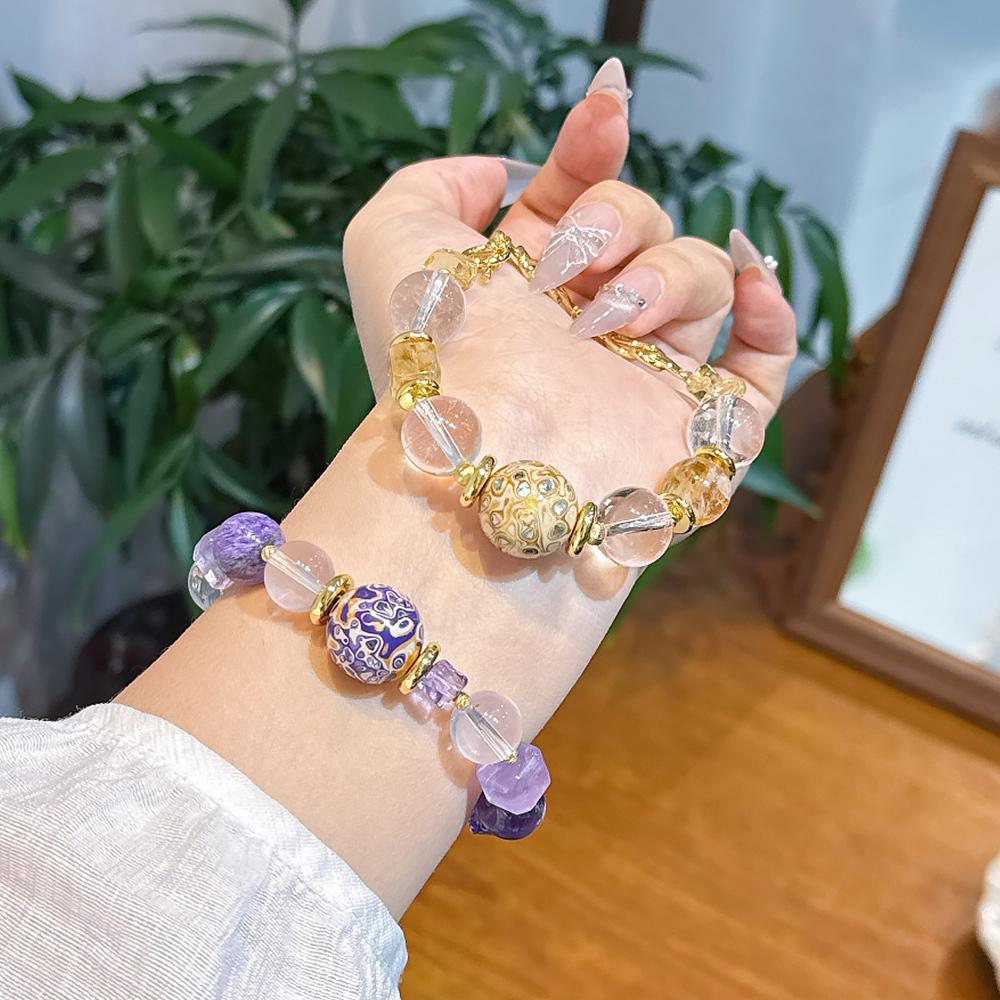 Multi Color China-Chic Crystal Bracelet Hand Painted Chinese Lacquer Bead Rose Quartz Amethyst Healing Lucky Bracelet For Women