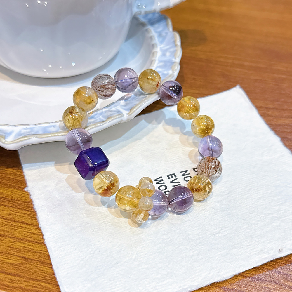 11mm Purple Sugar Cube Amethyst Citrine Bracelet Super Seven Crystal Wealth Luck Wisdom Healing Bracelet For Women
