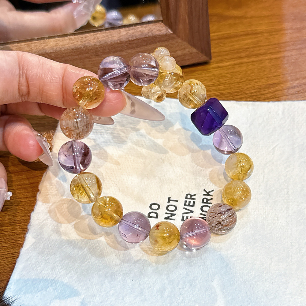 11mm Purple Sugar Cube Amethyst Citrine Bracelet Super Seven Crystal Wealth Luck Wisdom Healing Bracelet For Women