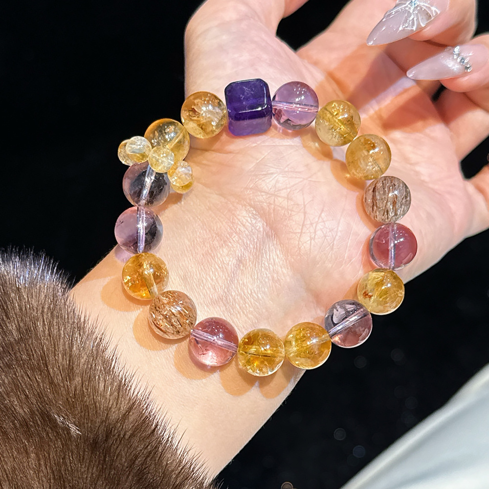11mm Purple Sugar Cube Amethyst Citrine Bracelet Super Seven Crystal Wealth Luck Wisdom Healing Bracelet For Women