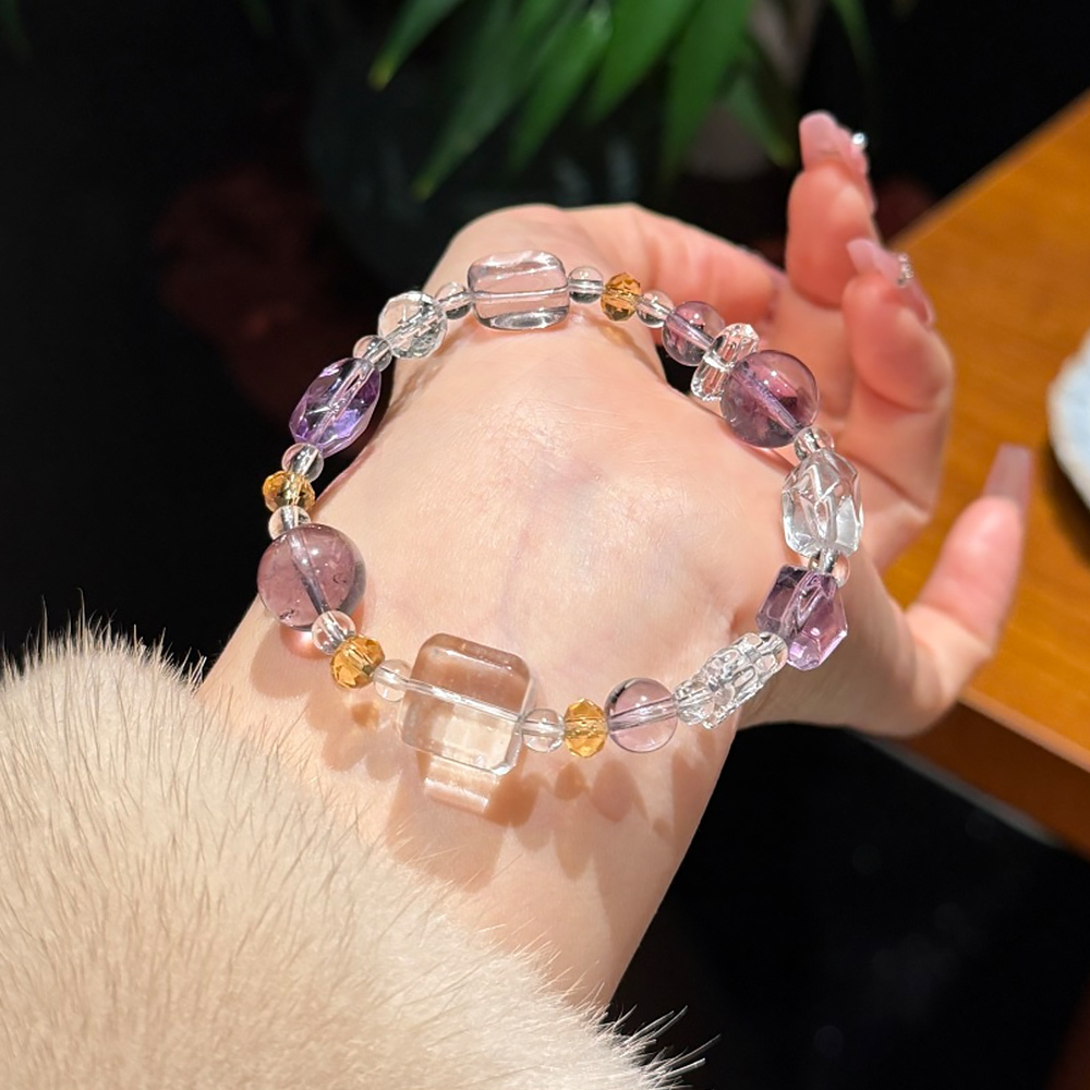 Natural Amethyst Clear Quartz Bracelet Wisdom Purification Healing Crystal Bracelet Career Luck Women Adjustable Daily Jewelry