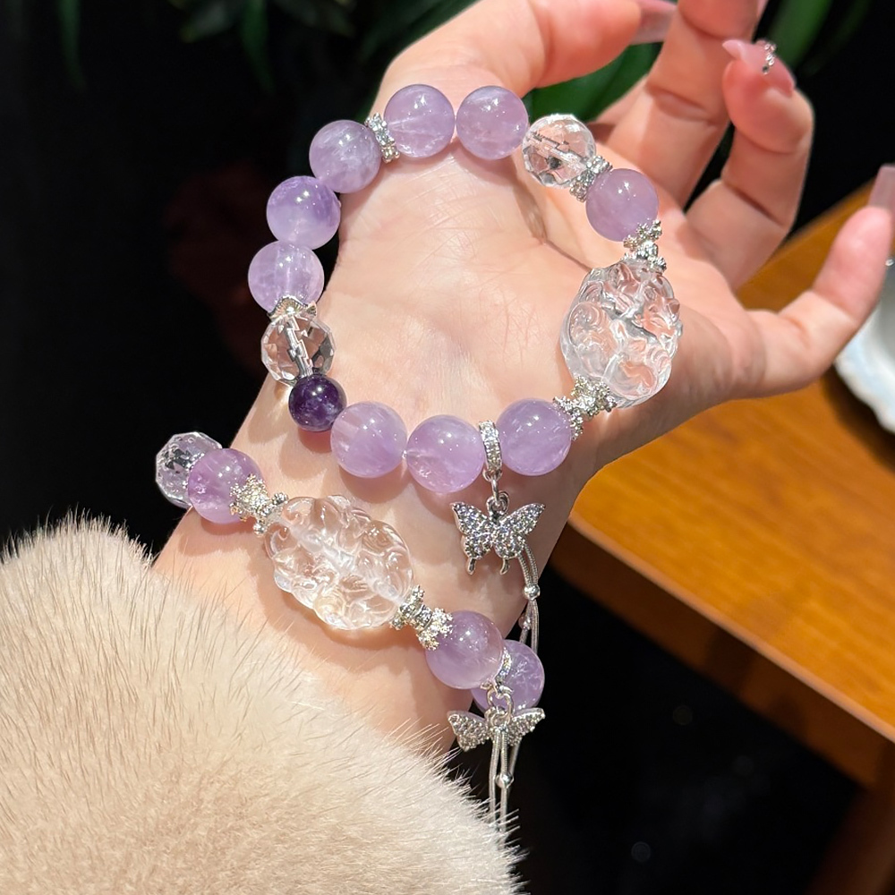 12mm Natural Amethyst Nine-Tailed Fox Bracelet Clear Quartz Fox Charm Wisdom Luck Emotional Healing Crystal Bracelet For Women