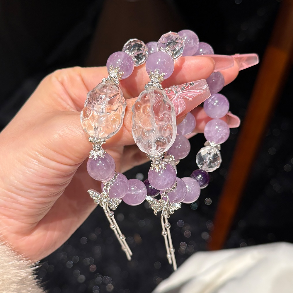 12mm Natural Amethyst Nine-Tailed Fox Bracelet Clear Quartz Fox Charm Wisdom Luck Emotional Healing Crystal Bracelet For Women