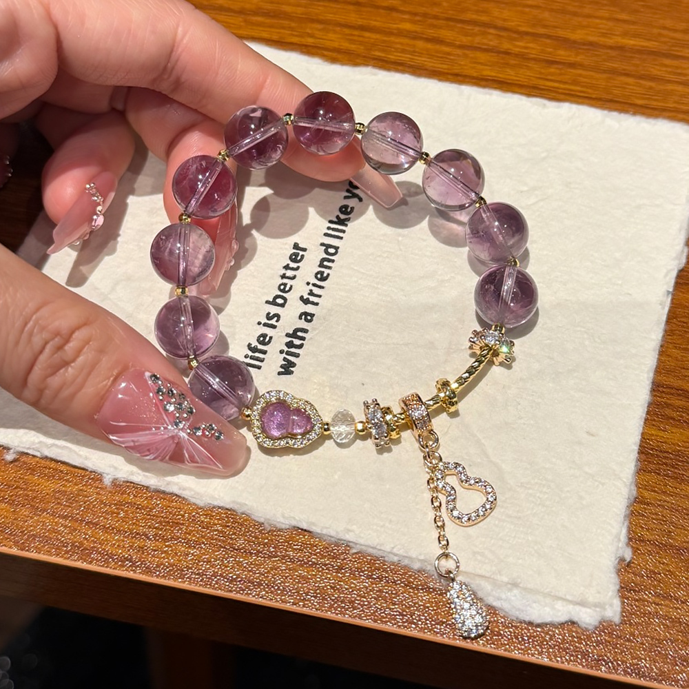 11mm Natural Purple Ametrine Bracelet Gold Diamond Gourd Charm Wisdom Calming Healing Crystal Bracelet For Women Daily Jewelry