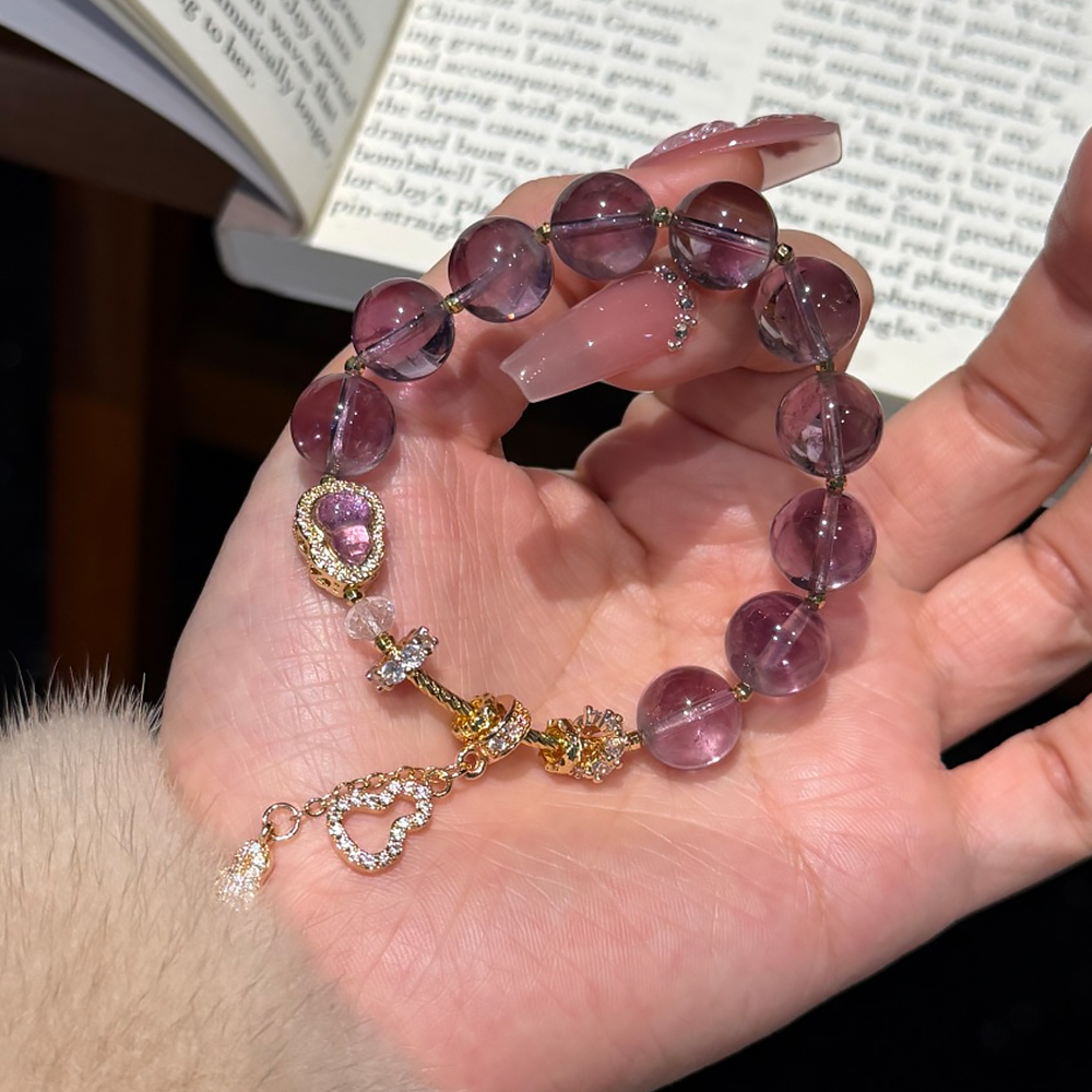11mm Natural Purple Ametrine Bracelet Gold Diamond Gourd Charm Wisdom Calming Healing Crystal Bracelet For Women Daily Jewelry