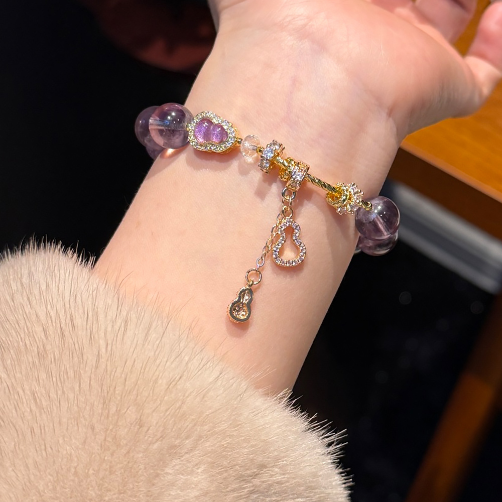 11mm Natural Purple Ametrine Bracelet Gold Diamond Gourd Charm Wisdom Calming Healing Crystal Bracelet For Women Daily Jewelry