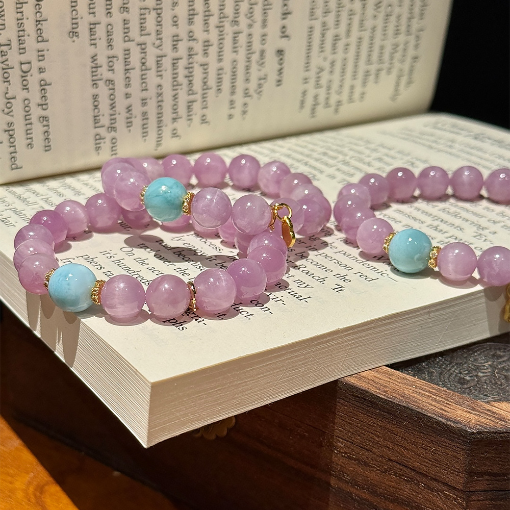 10mm Natural Kunzite Larimar Bracelet Emotional Calming Communication Noble Luck Healing Crystal Bracelet For Women Daily Jewelry