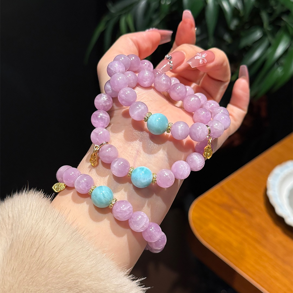 10mm Natural Kunzite Larimar Bracelet Emotional Calming Communication Noble Luck Healing Crystal Bracelet For Women Daily Jewelry