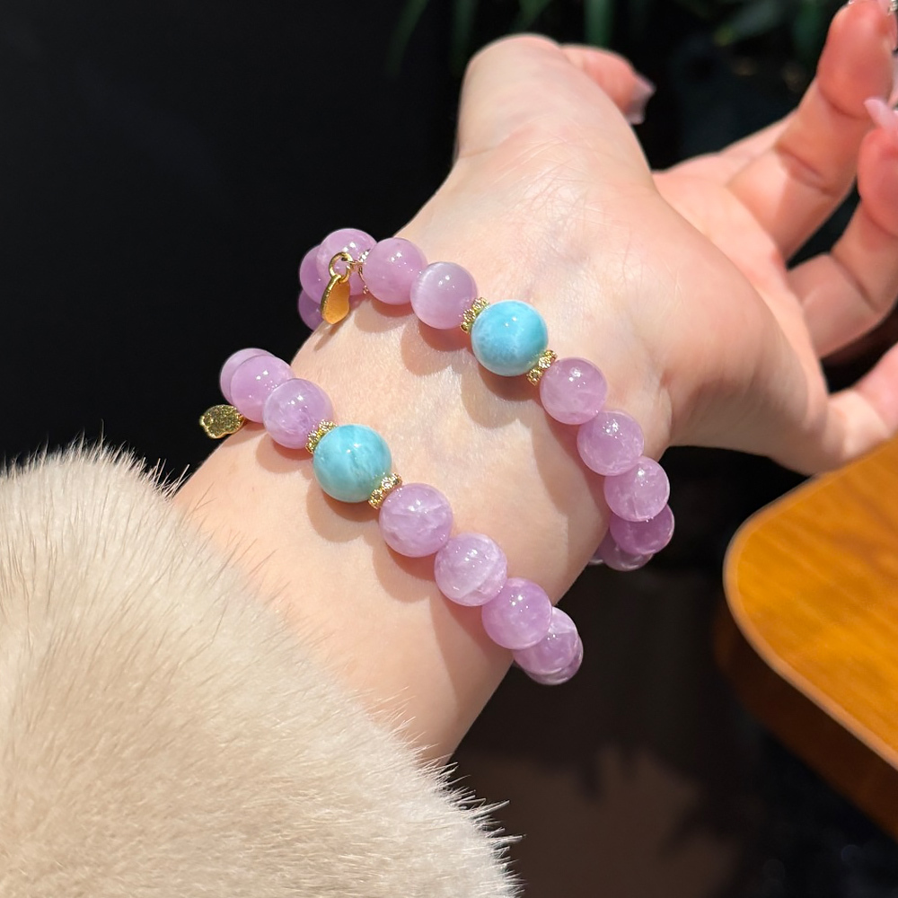 10mm Natural Kunzite Larimar Bracelet Emotional Calming Communication Noble Luck Healing Crystal Bracelet For Women Daily Jewelry