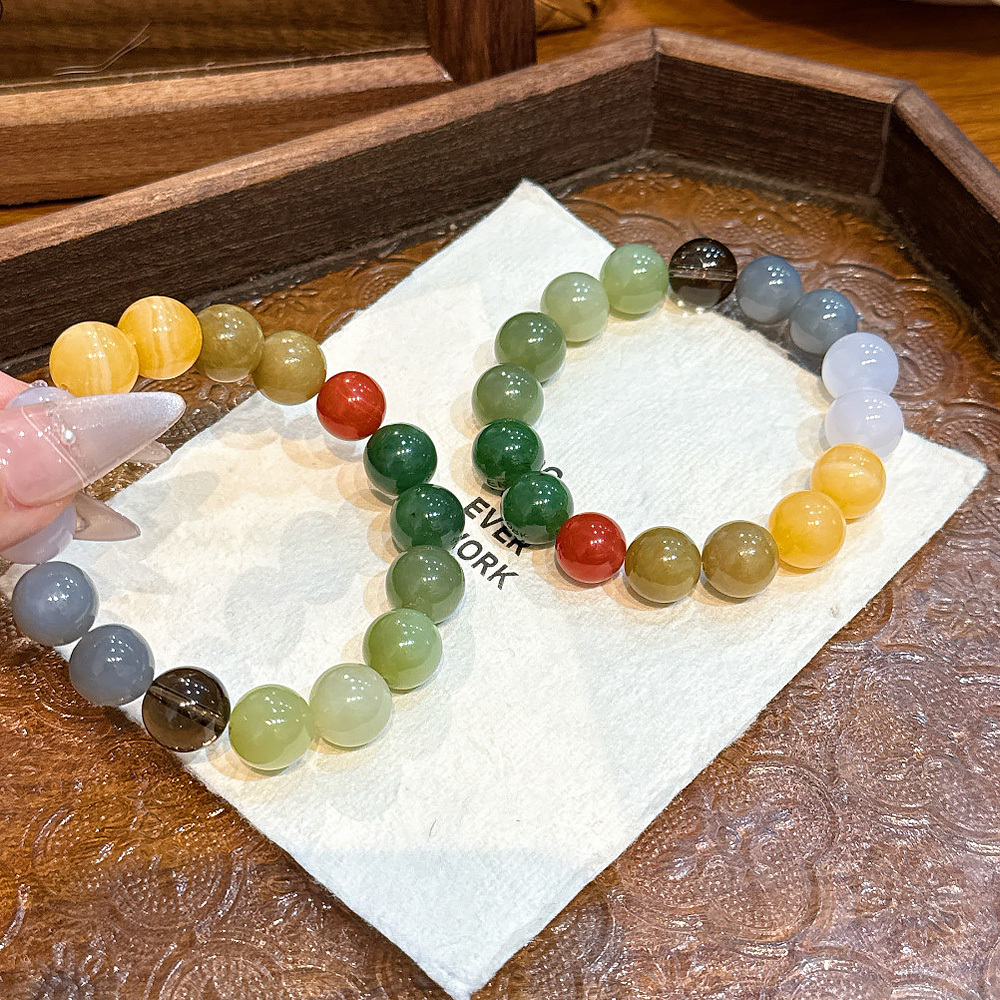 12mm Natural Hotan Jade Multi-Treasure Bracelet Southern Red Agate Sugar Jade Smoky Quartz Lucky Healing Jade Bracelet Women Oriental Vintage Daily Jewelry Signature SoulCrystal Collection