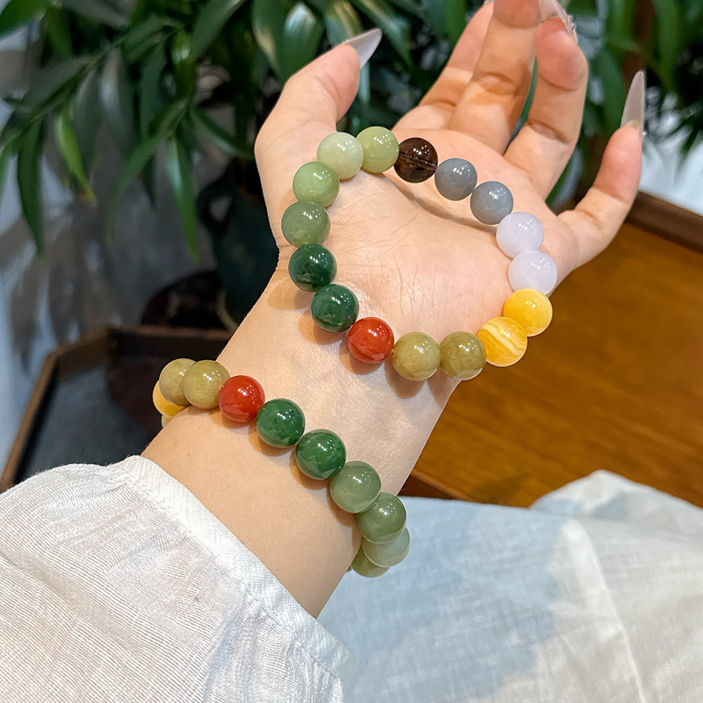 12mm Natural Hotan Jade Multi-Treasure Bracelet Southern Red Agate Sugar Jade Smoky Quartz Lucky Healing Jade Bracelet Women Oriental Vintage Daily Jewelry Signature SoulCrystal Collection