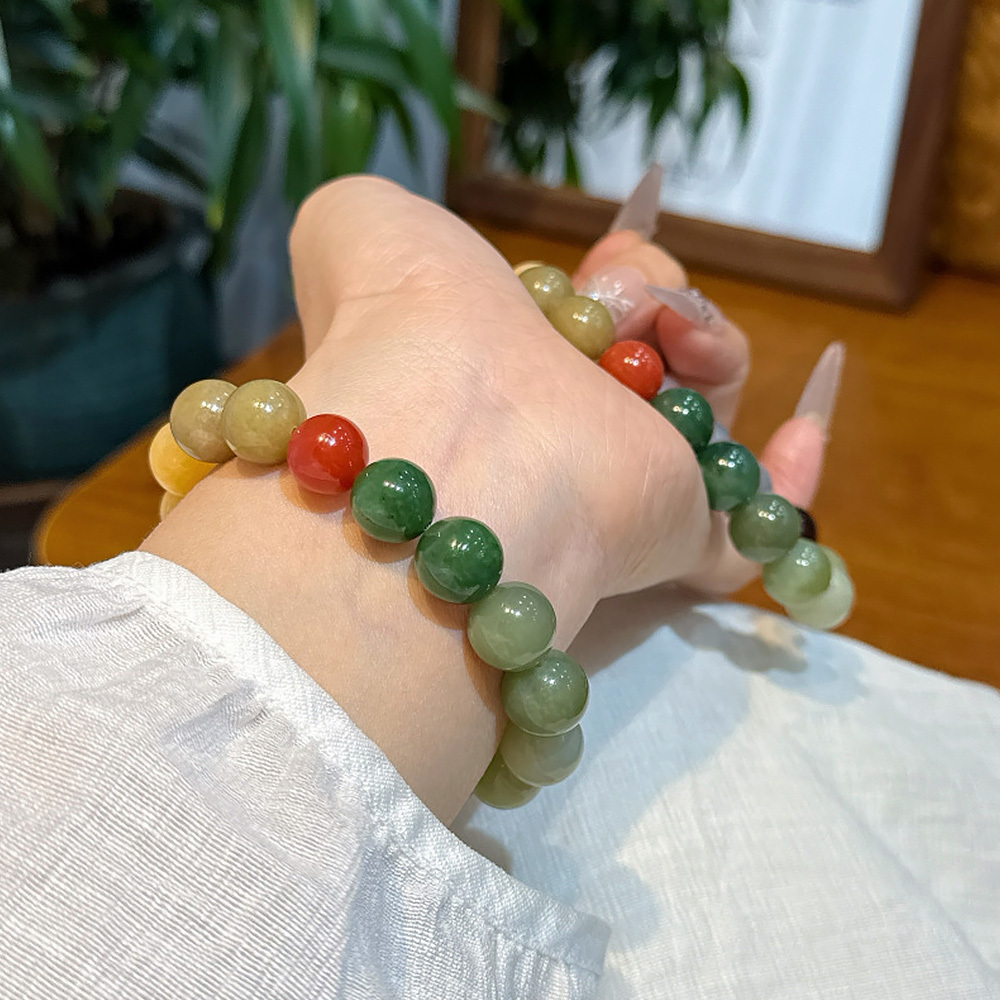 12mm Natural Hotan Jade Multi-Treasure Bracelet Southern Red Agate Sugar Jade Smoky Quartz Lucky Healing Jade Bracelet Women Oriental Vintage Daily Jewelry Signature SoulCrystal Collection