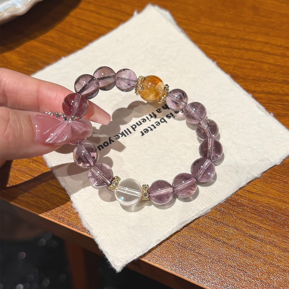 11mm Natural Amethyst Rutilated Quartz Bracelet Wisdom Career Luck Healing Crystal Bracelet Clear Quartz Yellow Phantom For Women Daily Jewelry