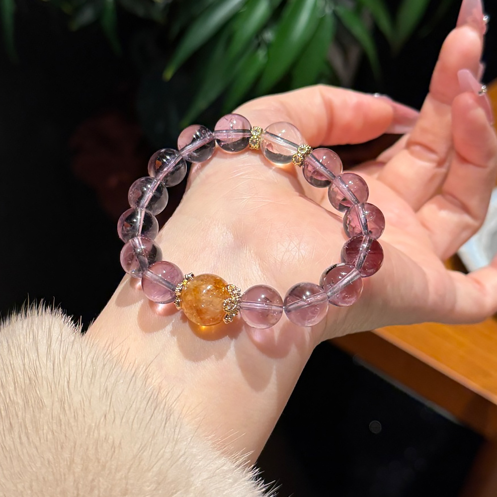 11mm Natural Amethyst Rutilated Quartz Bracelet Wisdom Career Luck Healing Crystal Bracelet Clear Quartz Yellow Phantom For Women Daily Jewelry