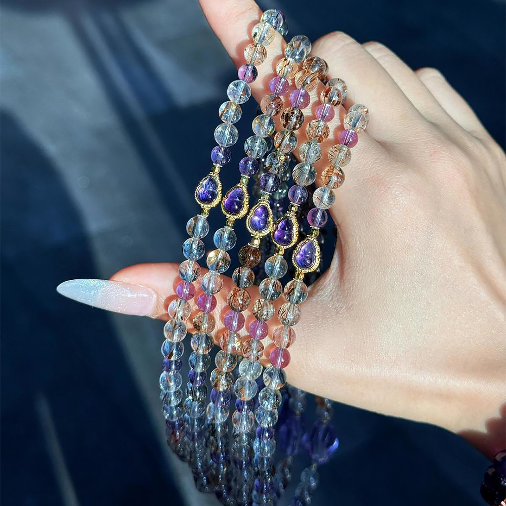 6mm Black Gold Super Seven Amethyst Bracelet Irregular Raw Purple Crystal Career Wealth Healing Bracelet For Ambitious Women