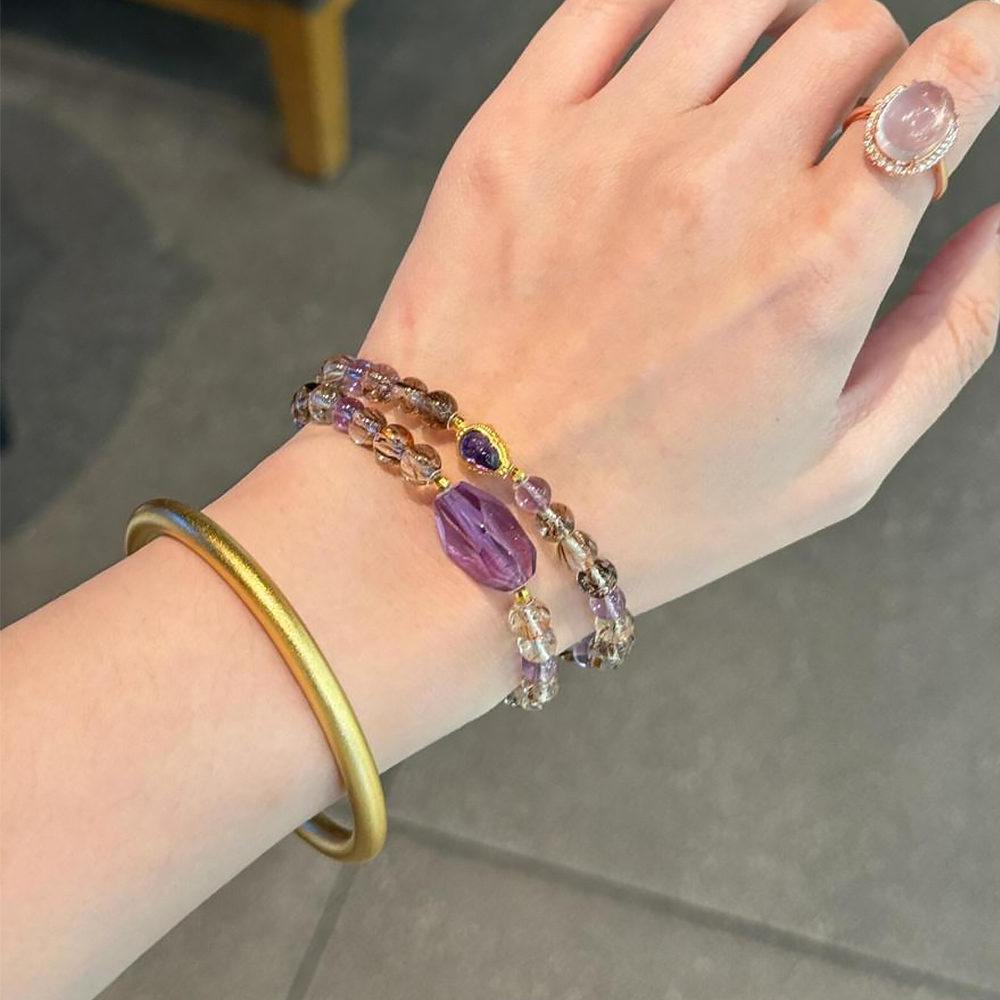 6mm Black Gold Super Seven Amethyst Bracelet Irregular Raw Purple Crystal Career Wealth Healing Bracelet For Ambitious Women