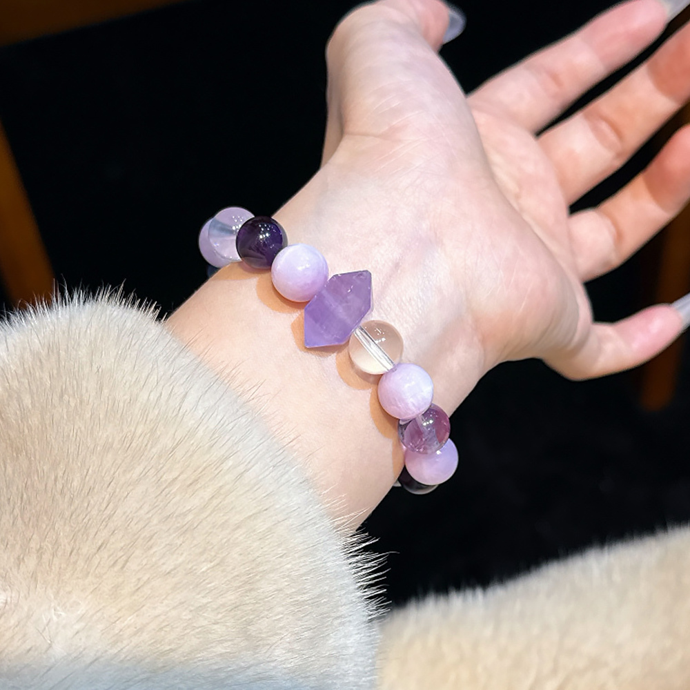 12mm Uruguayan Brazilian Amethyst Twin Point Bracelet Kunzite Clear Quartz Wisdom Calming Healing Crystal Bracelet For Women Artistic Daily Jewelry