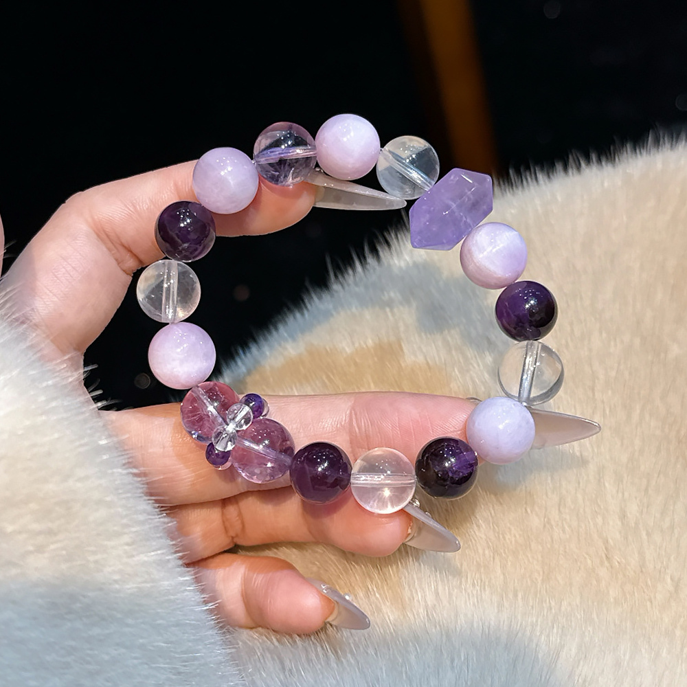 12mm Uruguayan Brazilian Amethyst Twin Point Bracelet Kunzite Clear Quartz Wisdom Calming Healing Crystal Bracelet For Women Artistic Daily Jewelry