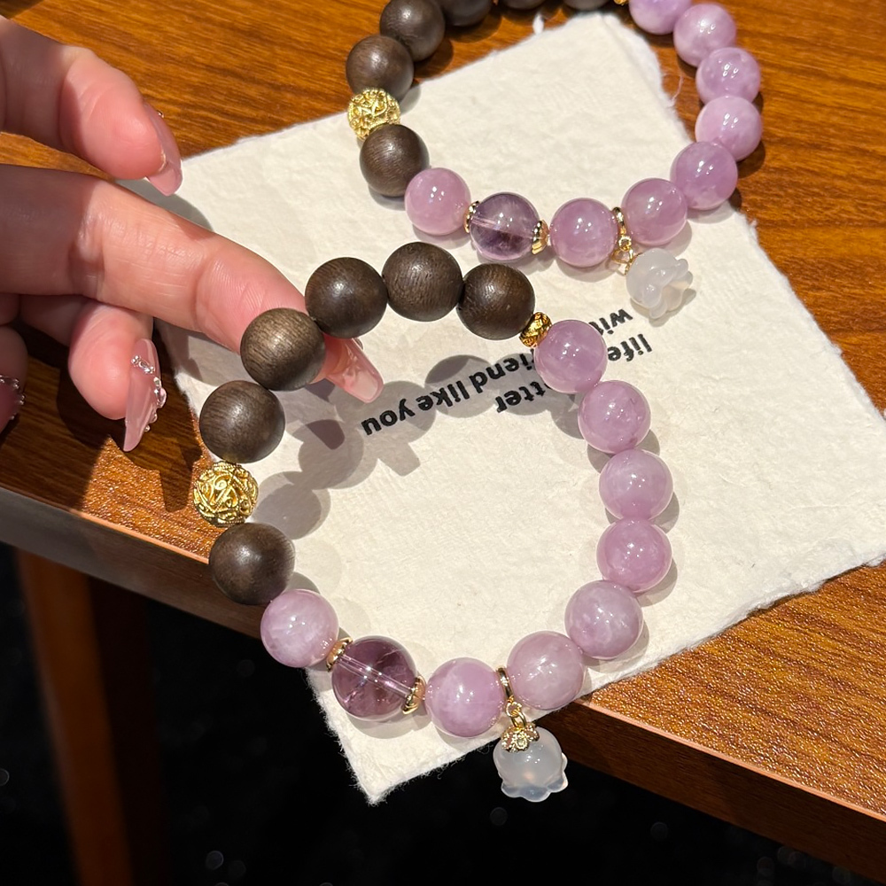 11mm Natural Kunzite Agarwood Bracelet Lavender Purple Amethyst Emotional Calming Healing Crystal Wood Bracelet For Women National Trend Jewelry