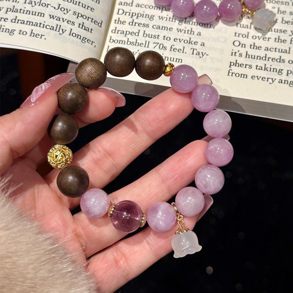 11mm Natural Kunzite Agarwood Bracelet Lavender Purple Amethyst Emotional Calming Healing Crystal Wood Bracelet For Women National Trend Jewelry