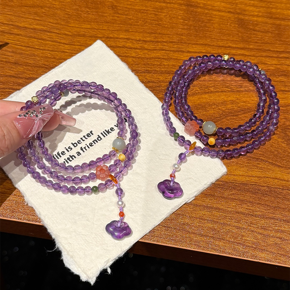 5mm Natural Amethyst Three Layer Bracelet Ruyi Tassel Hetian Jade Red Agate Wisdom Luck Healing Crystal Bracelet For Women National Trend Jewelry