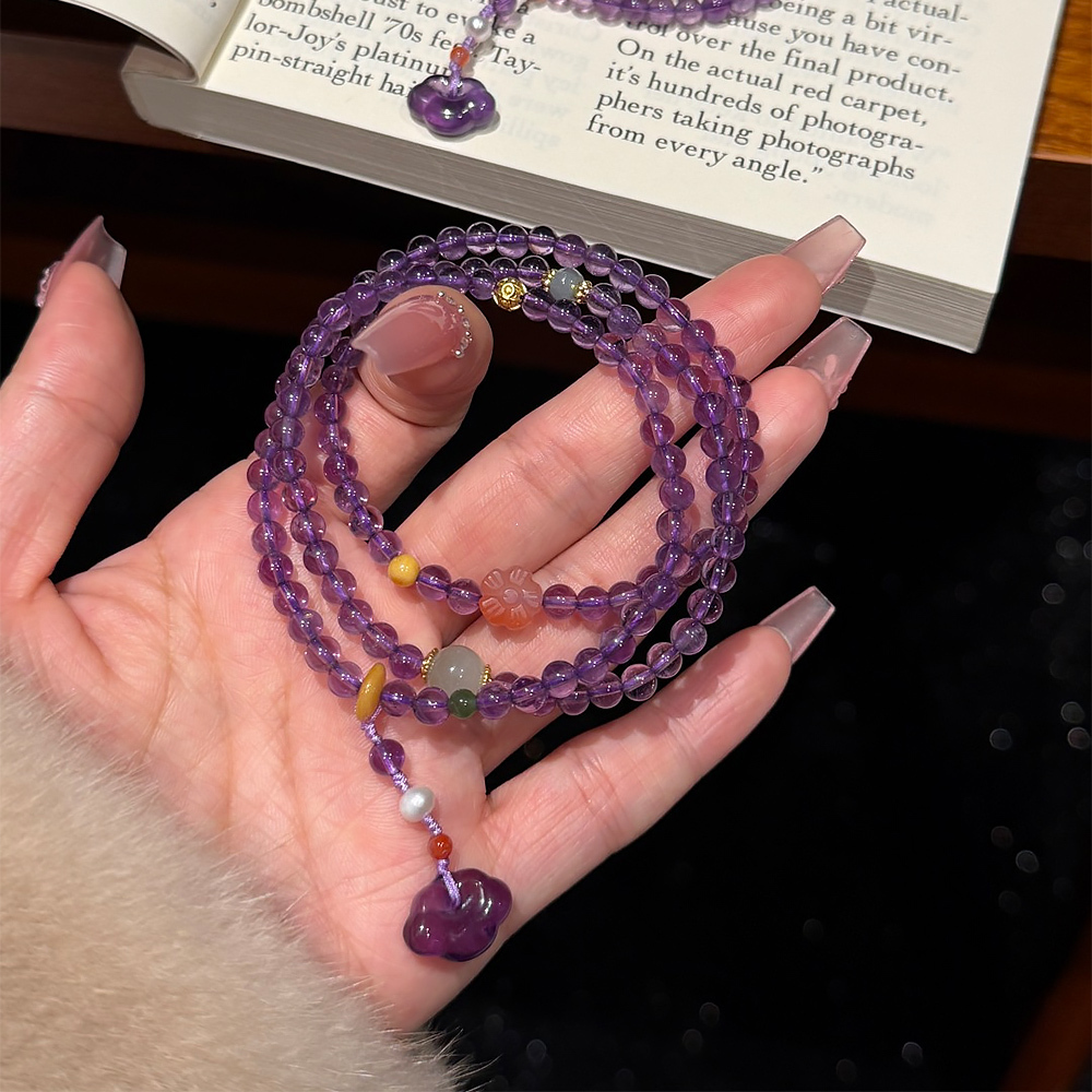 5mm Natural Amethyst Three Layer Bracelet Ruyi Tassel Hetian Jade Red Agate Wisdom Luck Healing Crystal Bracelet For Women National Trend Jewelry