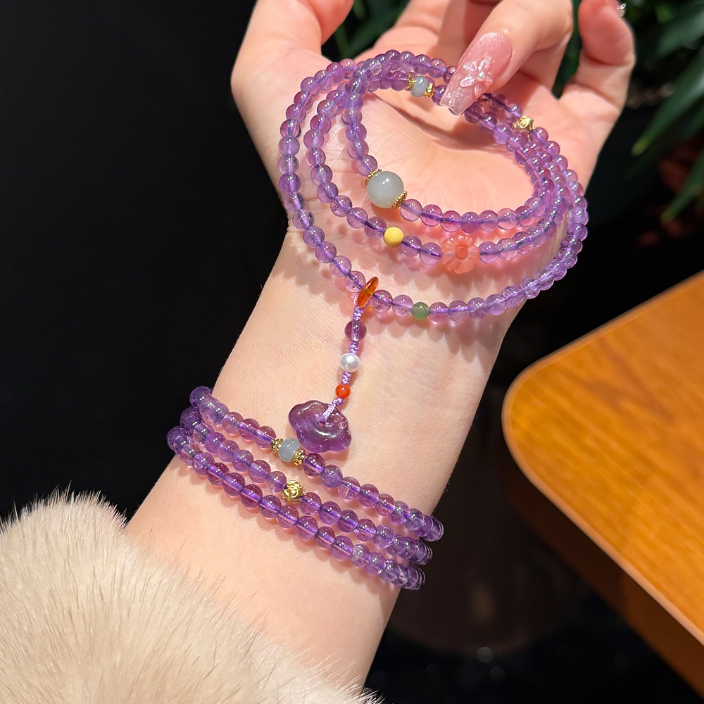 5mm Natural Amethyst Three Layer Bracelet Ruyi Tassel Hetian Jade Red Agate Wisdom Luck Healing Crystal Bracelet For Women National Trend Jewelry